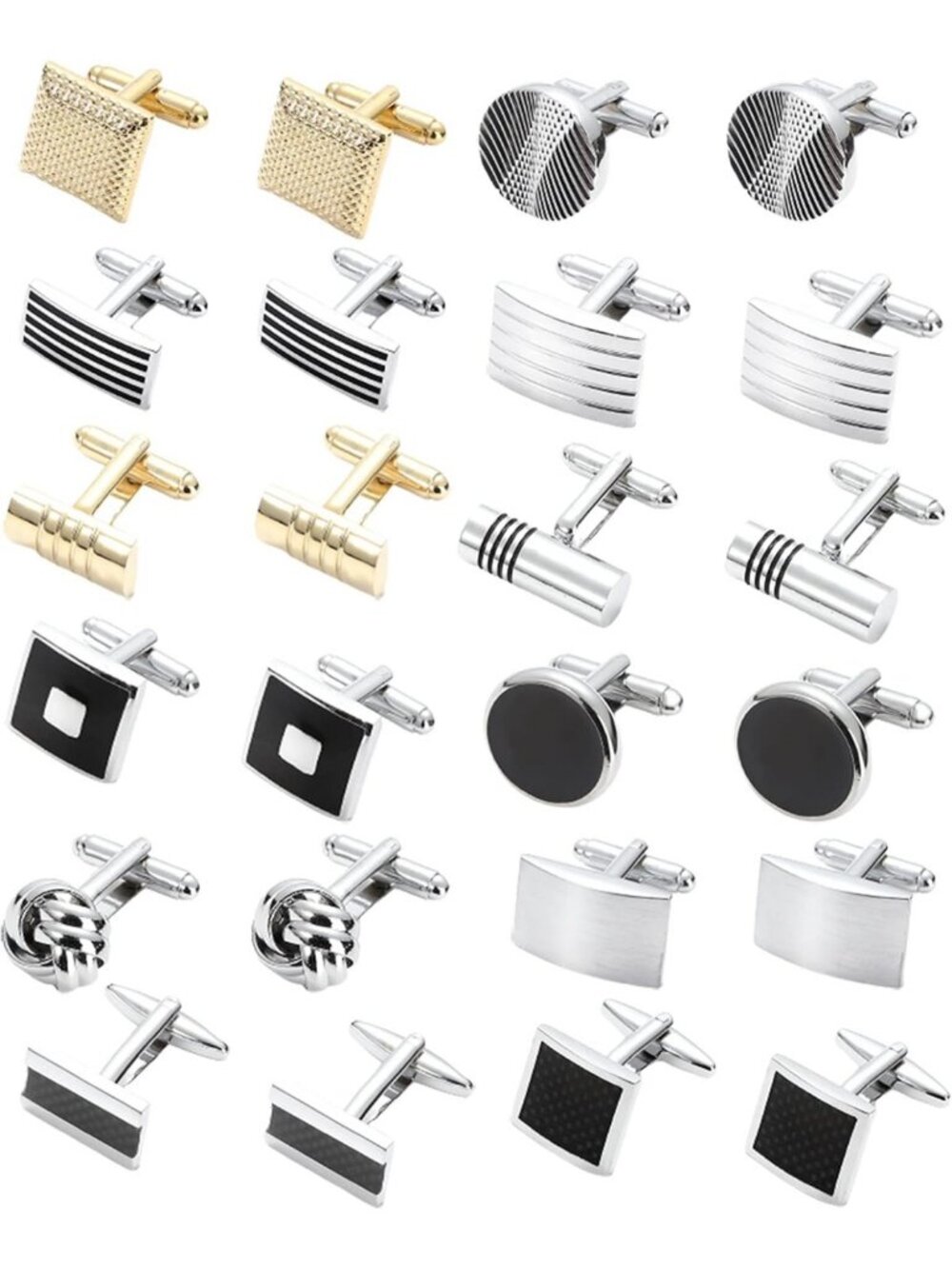 Classic Tone Cufflinks for Men - 12 Pairs Silver & Black Striped Disc & Square